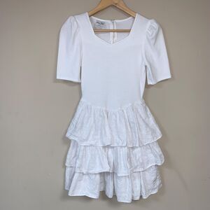 Vintage Dress 80s 90s Girl's 14 Puff Sleeve White Lace Ruffle Tired Dance Party